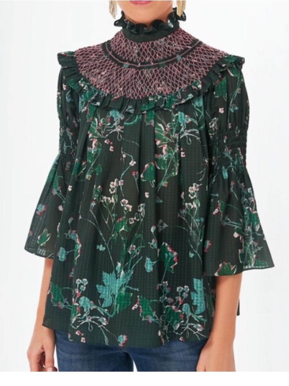 TUCKERNUCK NWT Jaguar Garden Marion Blouse Smocked Floral Bell-Sleeve Green 3XL